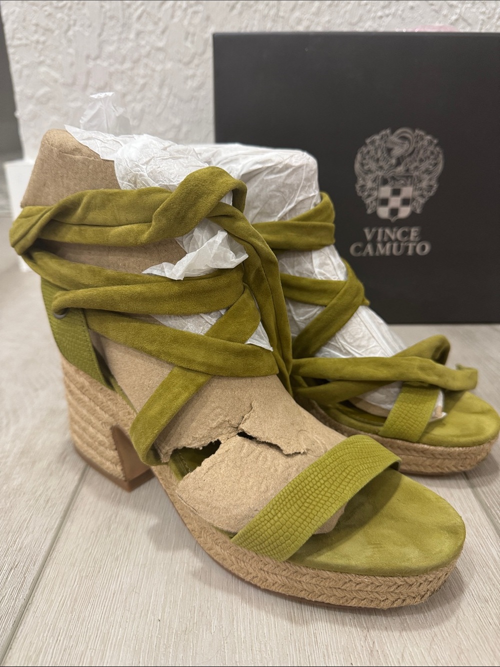 Vince Camuto Roreka Olive Suede Wrap Espadrille Wedge Sandals